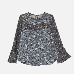 Loft Women's Tunic Size M‎ Pink Blue Floral Ruffle Bell Sleeve Keyhole